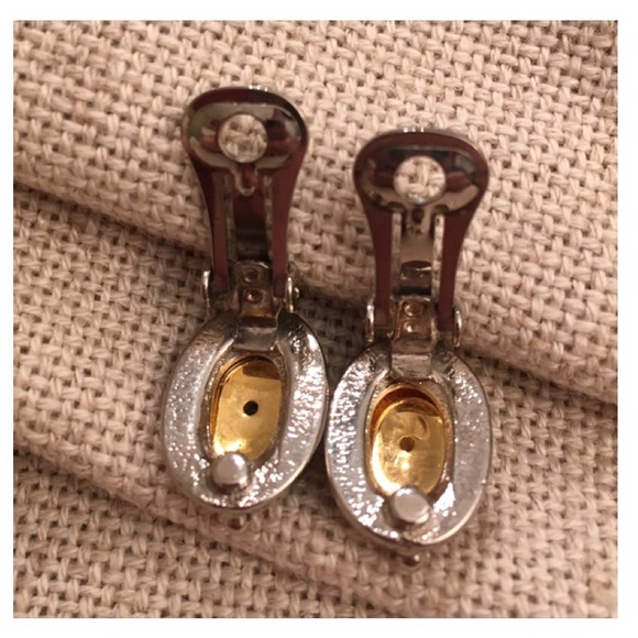 Silvertone Frame & Goldtone Center Clip Earrings - Picture 3 of 8